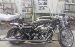 Harley motorcycle in for paint job
